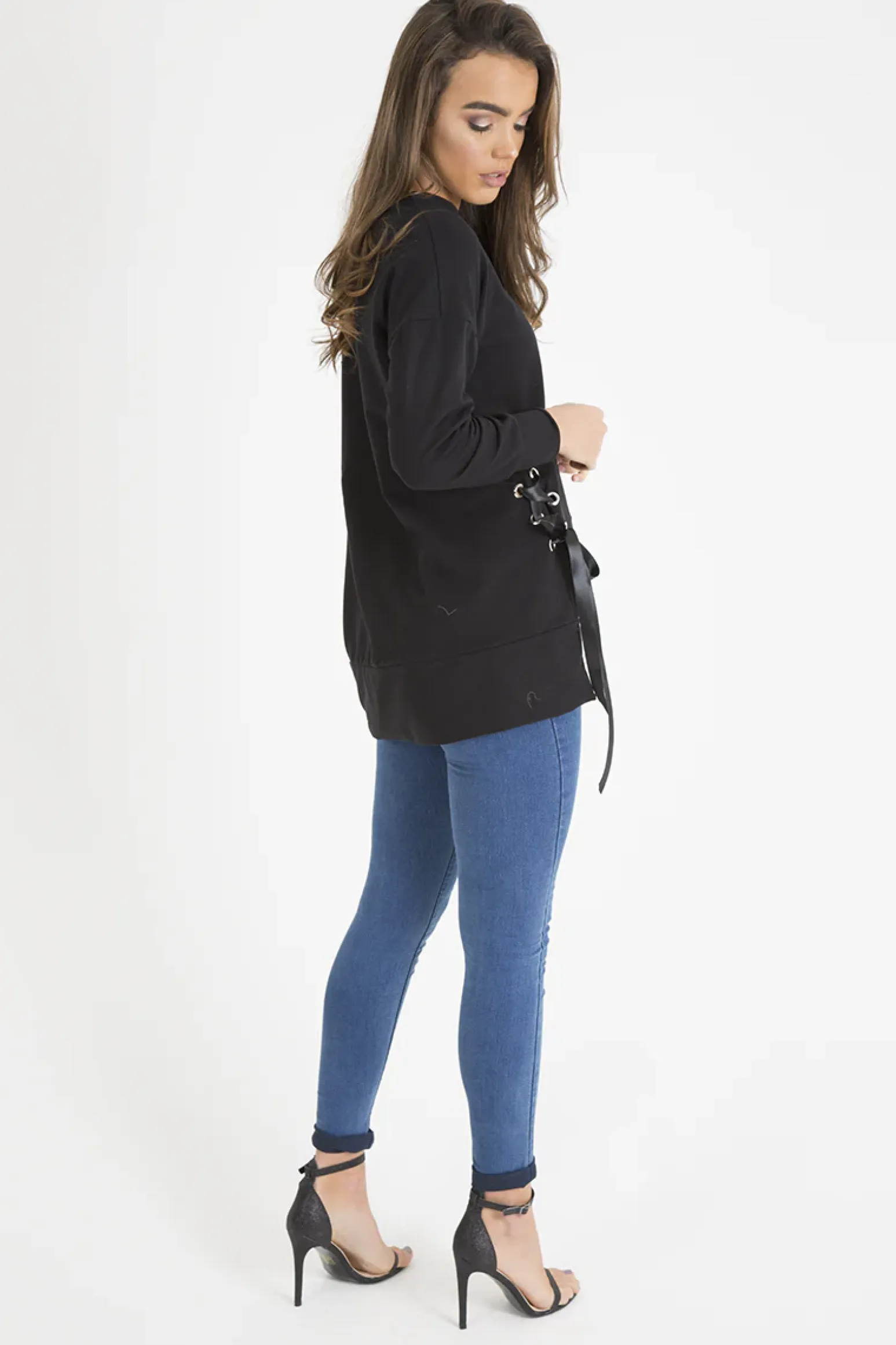 Rebellious Fashion Black Ribbon Lace Up Dipped Hem Jumper - Wilma