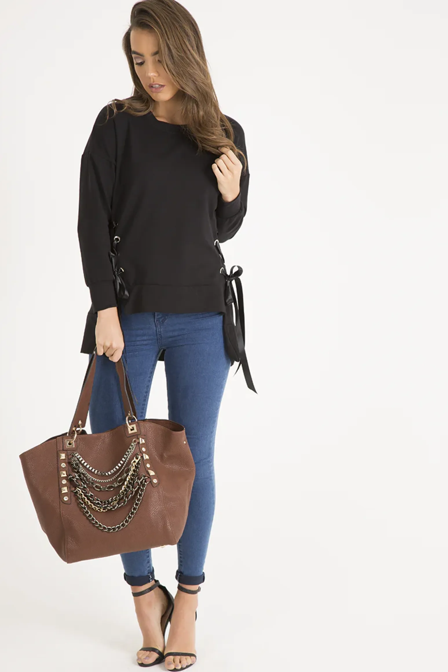 Rebellious Fashion Black Ribbon Lace Up Dipped Hem Jumper - Wilma