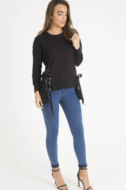 Rebellious Fashion Black Ribbon Lace Up Dipped Hem Jumper - Wilma