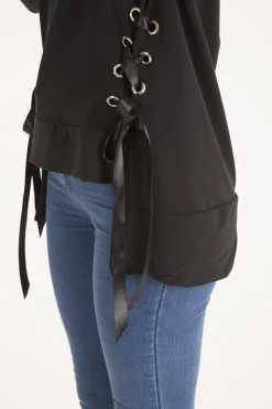 Rebellious Fashion Black Ribbon Lace Up Dipped Hem Jumper - Wilma