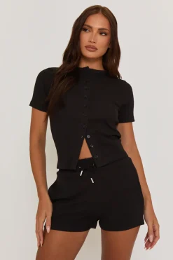 Rebellious Fashion Black Rib Button Front Top and Short Co-ord Set - Dua