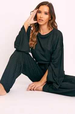 Rebellious Fashion Black Rib Crop Jumper Tie Wide Leg Trousers Loungewear Co-Ord - Mirabel