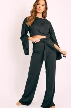 Rebellious Fashion Black Rib Crop Jumper Tie Wide Leg Trousers Loungewear Co-Ord - Mirabel