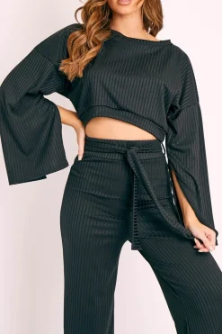 Rebellious Fashion Black Rib Crop Jumper Tie Wide Leg Trousers Loungewear Co-Ord - Mirabel