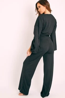 Rebellious Fashion Black Rib Crop Jumper Tie Wide Leg Trousers Loungewear Co-Ord - Mirabel