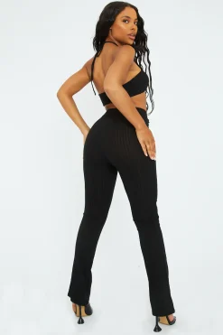 Rebellious Fashion Black Rib Halter Neck Crop Top & Trouser Set - Bridget