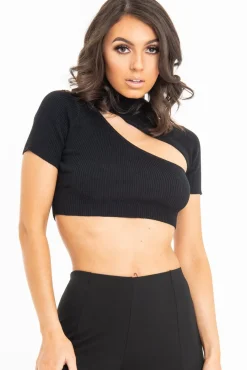 Rebellious Fashion Black Rib High Neck Crop Top - Talina