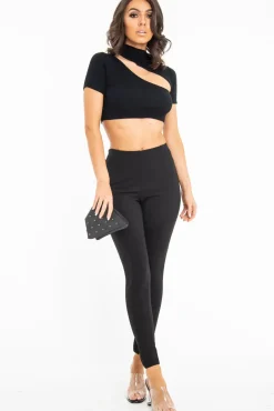 Rebellious Fashion Black Rib High Neck Crop Top - Talina
