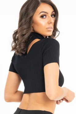Rebellious Fashion Black Rib High Neck Crop Top - Talina