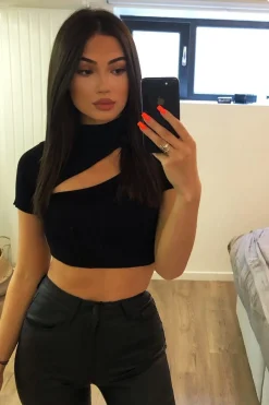 Rebellious Fashion Black Rib High Neck Crop Top - Talina