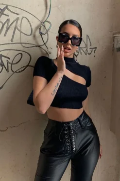 Rebellious Fashion Black Rib High Neck Crop Top - Talina