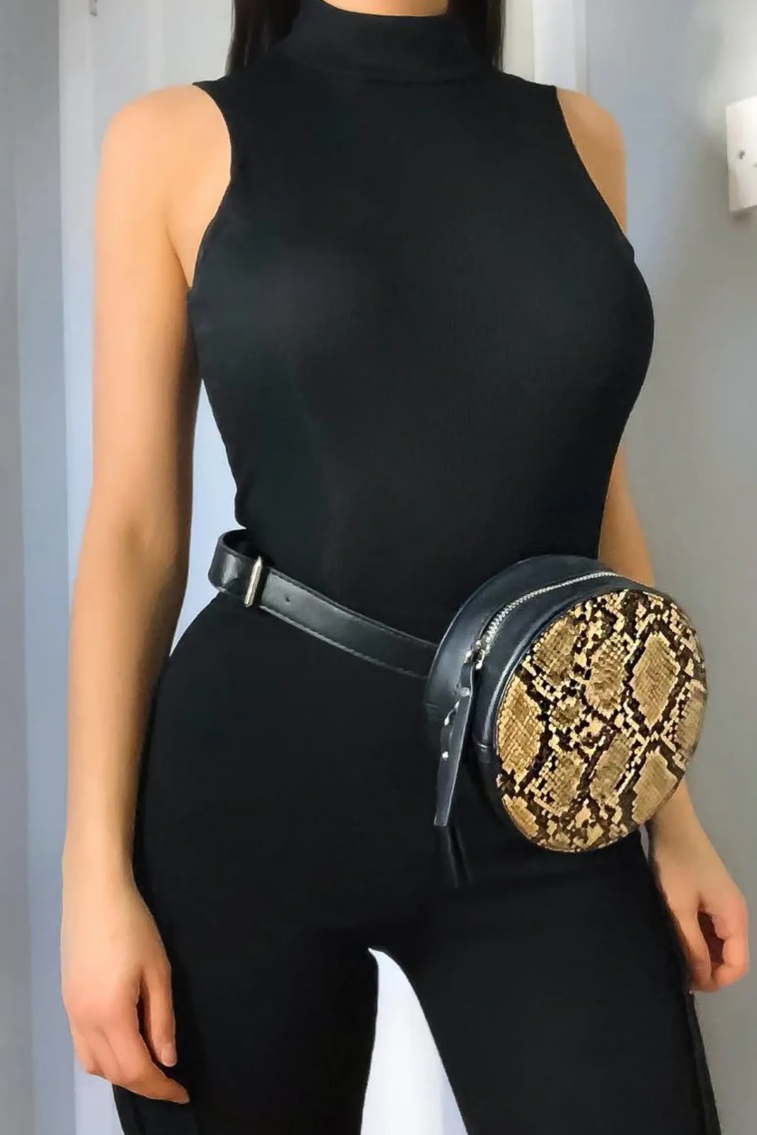Rebellious Fashion Black Rib High Neck Cut Out Back Bodysuit - Leara