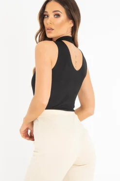 Rebellious Fashion Black Rib High Neck Cut Out Back Bodysuit - Leara