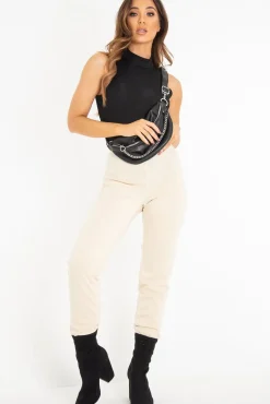 Rebellious Fashion Black Rib High Neck Cut Out Back Bodysuit - Leara