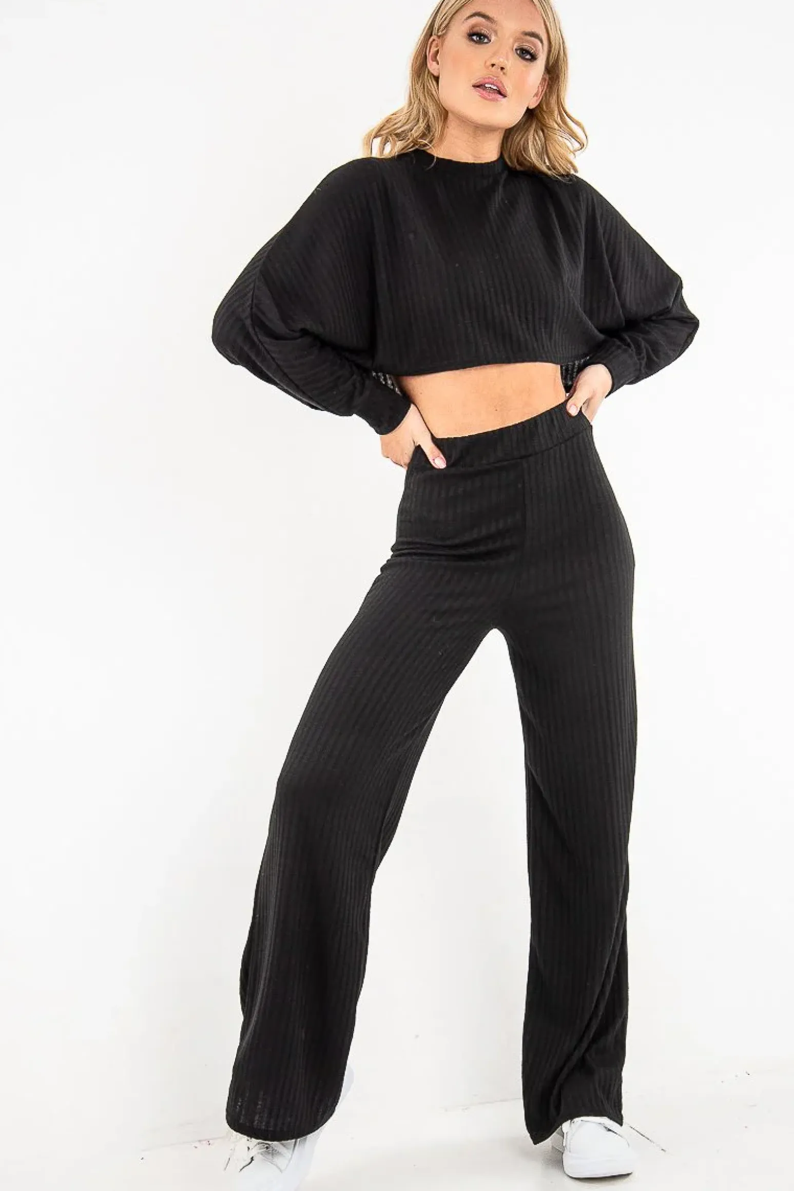 Rebellious Fashion Black Rib Jersey Loungewear Co-Ord Set - Emsley