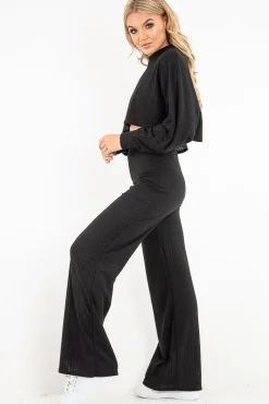 Rebellious Fashion Black Rib Jersey Loungewear Co-Ord Set - Emsley