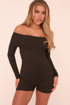 Rebellious Fashion Black Rib Knit Bardot Long Sleeves Playsuit - Amarri