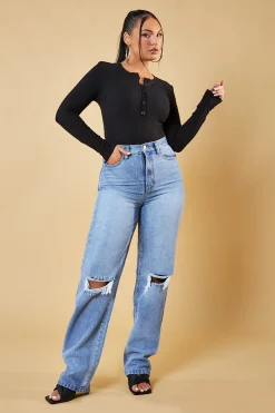 Rebellious Fashion Black Rib Knit Button Up Front Bodysuit - Scottie