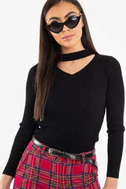 Rebellious Fashion Black Rib Knit Choker Cut Out Jumper - Jamisen
