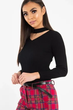 Rebellious Fashion Black Rib Knit Choker Cut Out Jumper - Jamisen