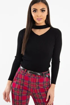 Rebellious Fashion Black Rib Knit Choker Cut Out Jumper - Jamisen