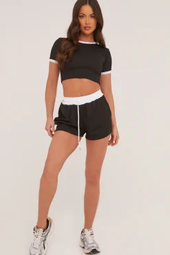 Rebellious Fashion Black Rib Knit Contrast Binding Top & Shorts Co-ord Set - Felipa