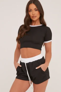 Rebellious Fashion Black Rib Knit Contrast Binding Top & Shorts Co-ord Set - Felipa