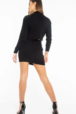 Rebellious Fashion Black Rib Knit Crop Jumper Mini Skirt Co-Ord - Katie