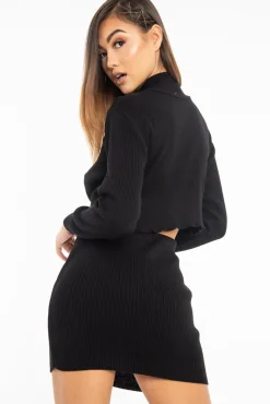 Rebellious Fashion Black Rib Knit Crop Jumper Mini Skirt Co-Ord - Katie