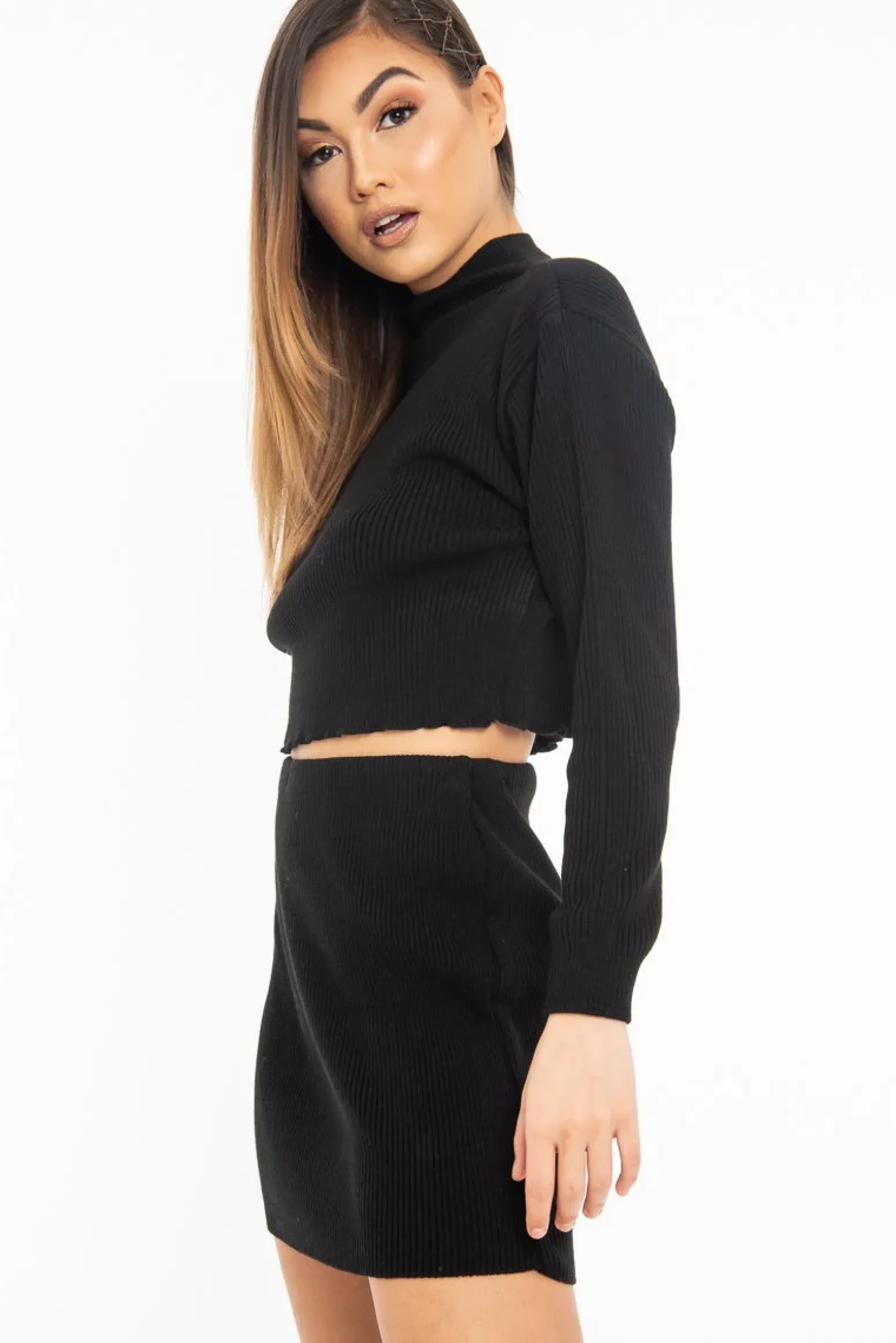 Rebellious Fashion Black Rib Knit Crop Jumper Mini Skirt Co-Ord - Katie