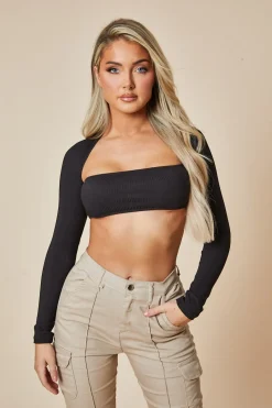 Rebellious Fashion Black Rib Knit Cut Out Cropped Top - Izumi