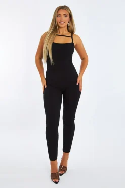 Rebellious Fashion Black Rib Knit Cut Out Jumpsuit - Tamsin