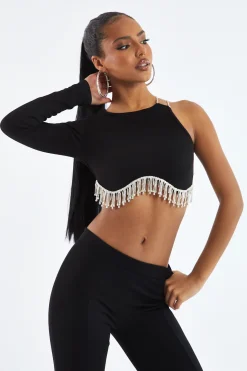 Rebellious Fashion Black Rib Knit Diamante Detail One Sleeve Cropped Top - Aina