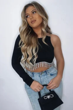 Rebellious Fashion Black Rib Knit Diamante Detail One Sleeve Cropped Top - Aina