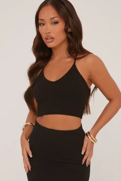 Rebellious Fashion Black Rib Knit Halter Neck Cropped Top - Milly