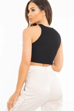 Rebellious Fashion Black Rib Knit High Neck Cut Out Crop Top - Lucey