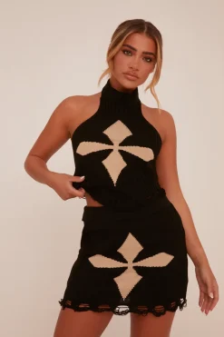 Rebellious Fashion Black Rib Knit High Neck Top & Mini Skirt Co-ord Set - Jeslyn