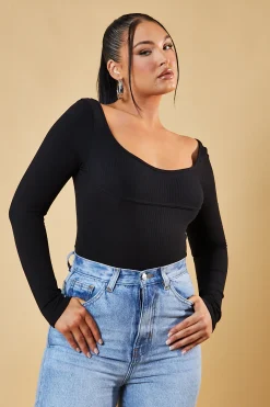 Rebellious Fashion Black Rib Knit Long Sleeve Bodysuit - Vari