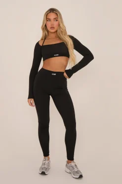 Rebellious Fashion Black Rib Knit Long sleeves Cropped Top & Leggings Co-ord Set - Fia