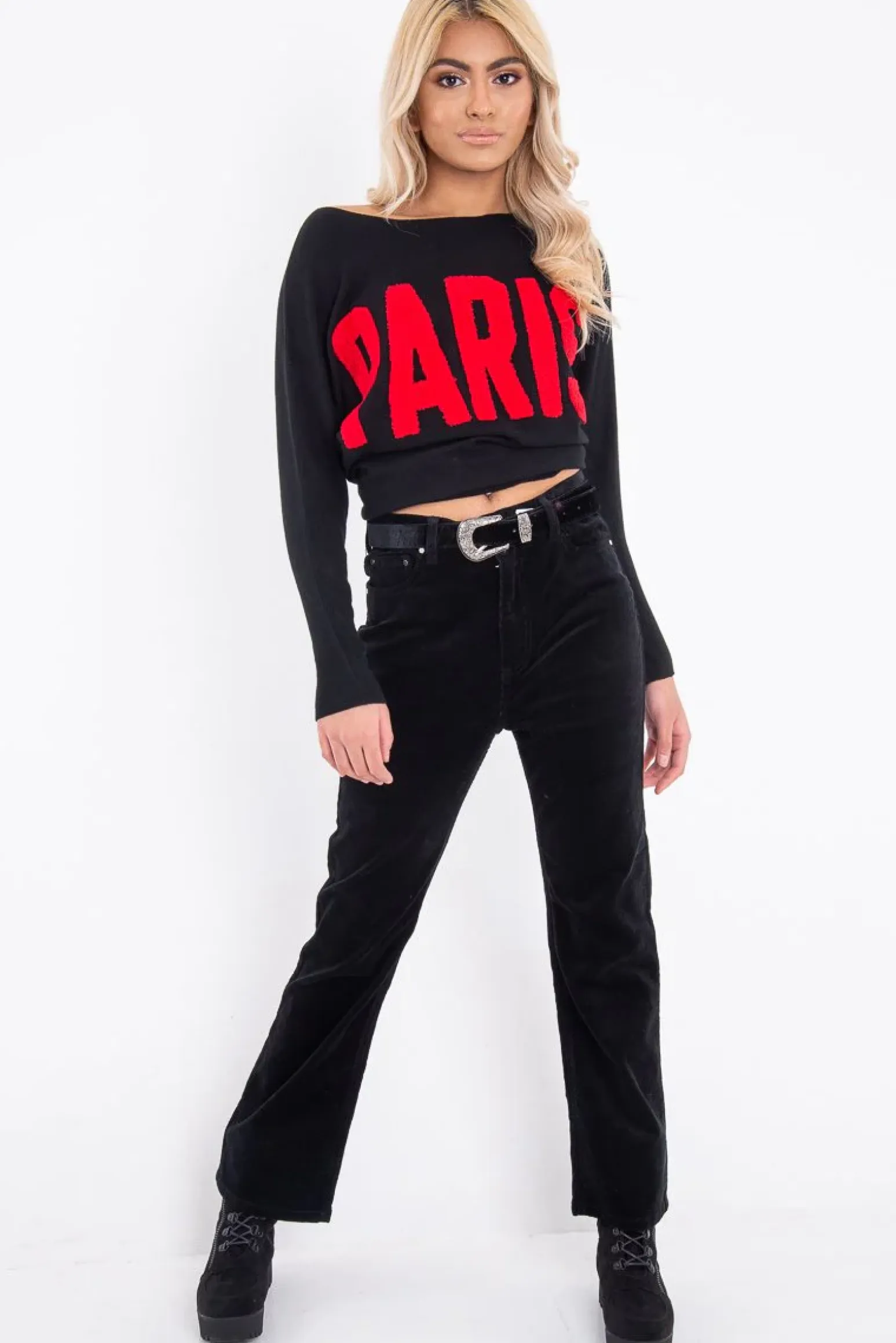 Rebellious Fashion Black Rib Knit Paris Slogan Jumper - Khylah