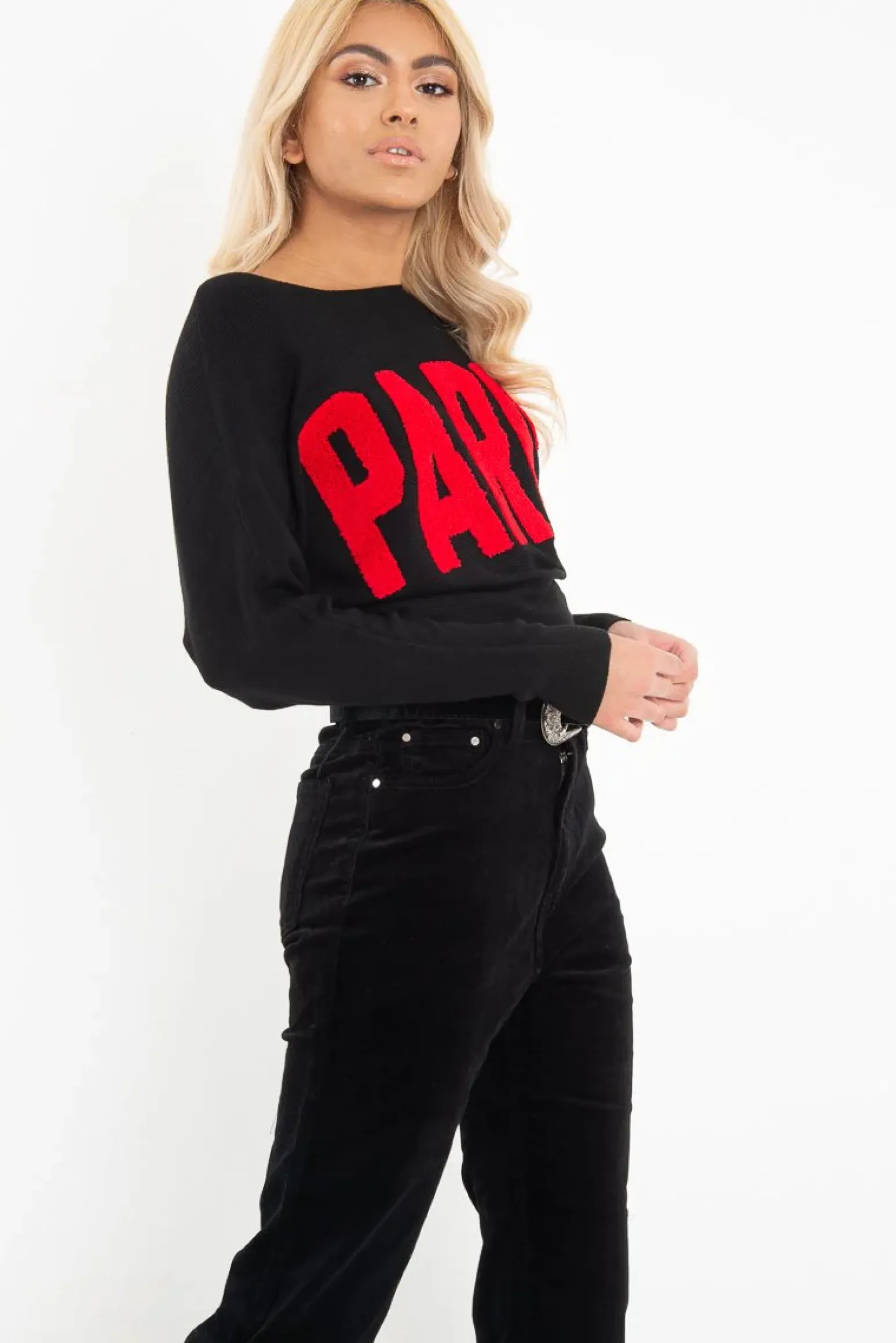 Rebellious Fashion Black Rib Knit Paris Slogan Jumper - Khylah