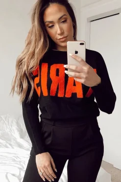 Rebellious Fashion Black Rib Knit Paris Slogan Jumper - Khylah