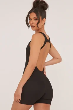 Rebellious Fashion Black Rib Knit Racer Back Unitard - Lexi