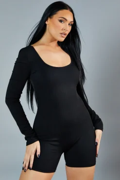 Rebellious Fashion Black Rib Knit Scoop Neck Unitard - Roohi
