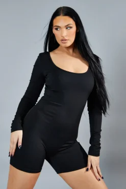 Rebellious Fashion Black Rib Knit Scoop Neck Unitard - Roohi
