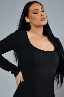 Rebellious Fashion Black Rib Knit Scoop Neck Unitard - Roohi