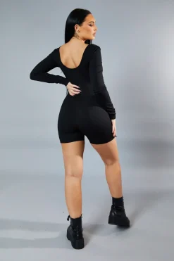 Rebellious Fashion Black Rib Knit Scoop Neck Unitard - Roohi