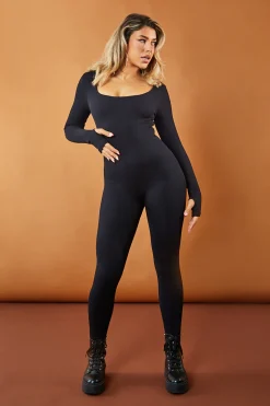 Rebellious Fashion Black Rib Knit Square Neck Jumpsuit - Siobhan