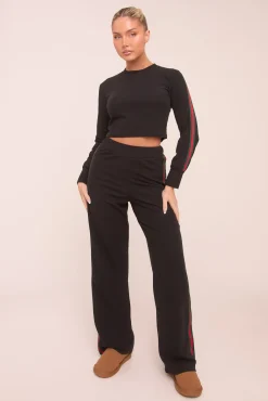 Rebellious Fashion Black Rib Knit Stripe Detail Crop Top & Straight Leg Trouser Co-ord Set Set - Donna