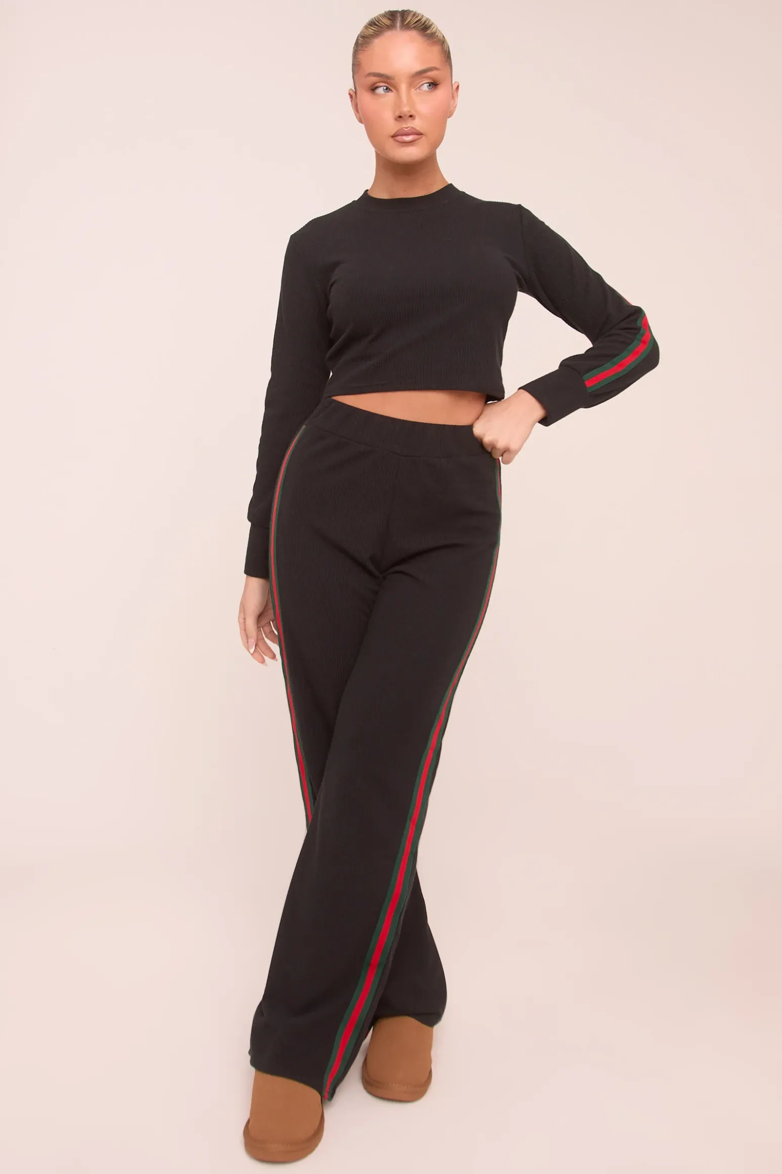Rebellious Fashion Black Rib Knit Stripe Detail Crop Top & Straight Leg Trouser Co-ord Set Set - Donna